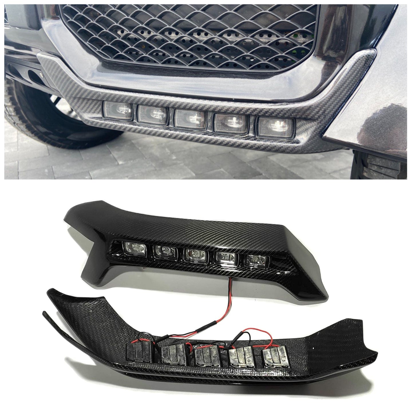 4x4 Squared carbon front AMG bumper lip spoiler with original LEDs for Mercedes W463 G Wagon.