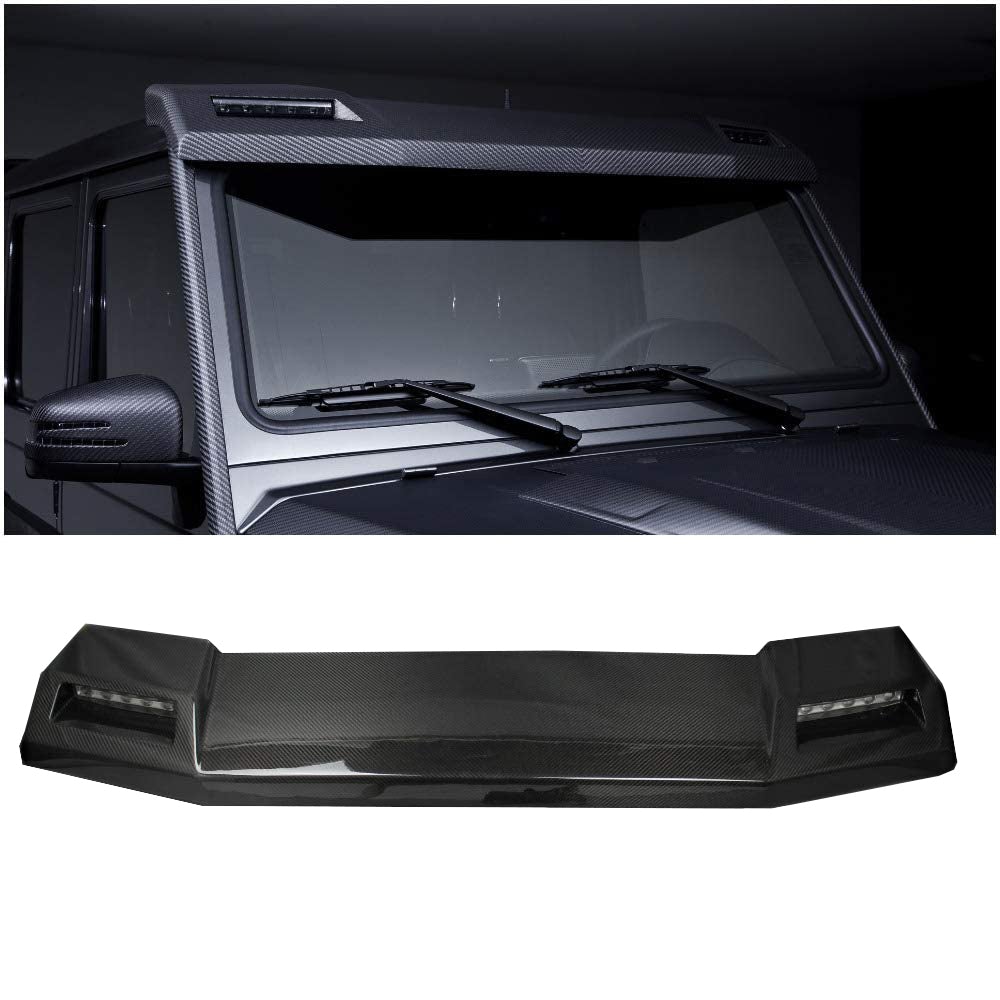 6x6 4x4 Squared Brabus Front Roof Carbon Spoiler with LEDs for Mercedes W463 G Wagon from Custom Class, made of genuine carbon fiber with a grey gloss UV-resistant coating.