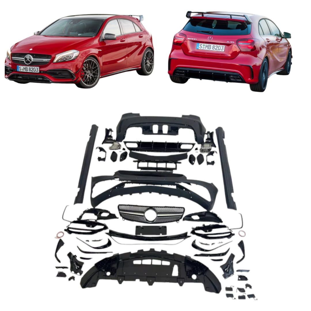 A45 AMG body kit for Mercedes-Benz A-Class W176 (2012-2018) from Custom Class, featuring front and rear bumpers, grille, side skirts, diffuser, and spoiler.