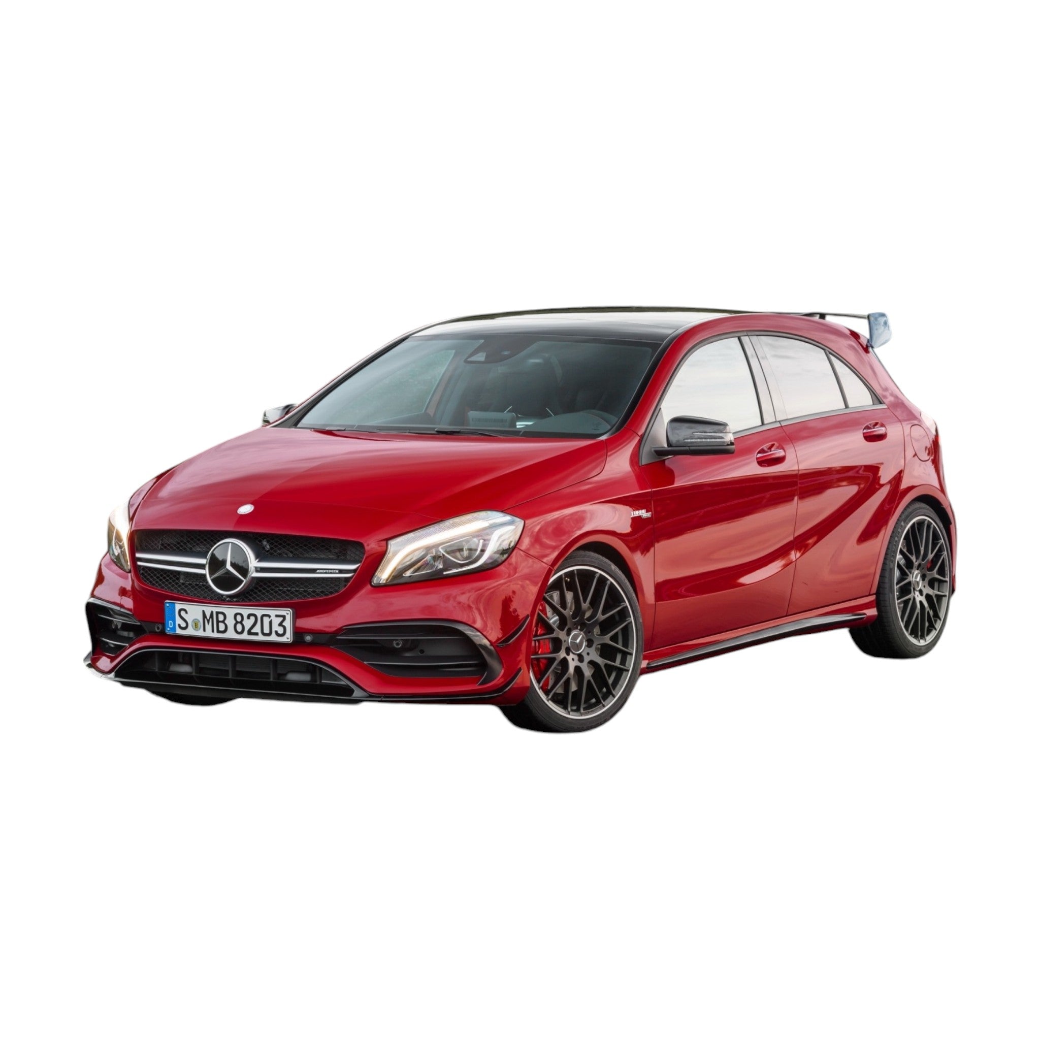 A45 AMG body kit for Mercedes-Benz A-Class W176 (2012-2018) from Custom Class, featuring front and rear bumpers, grille, side skirts, diffuser, and spoiler.