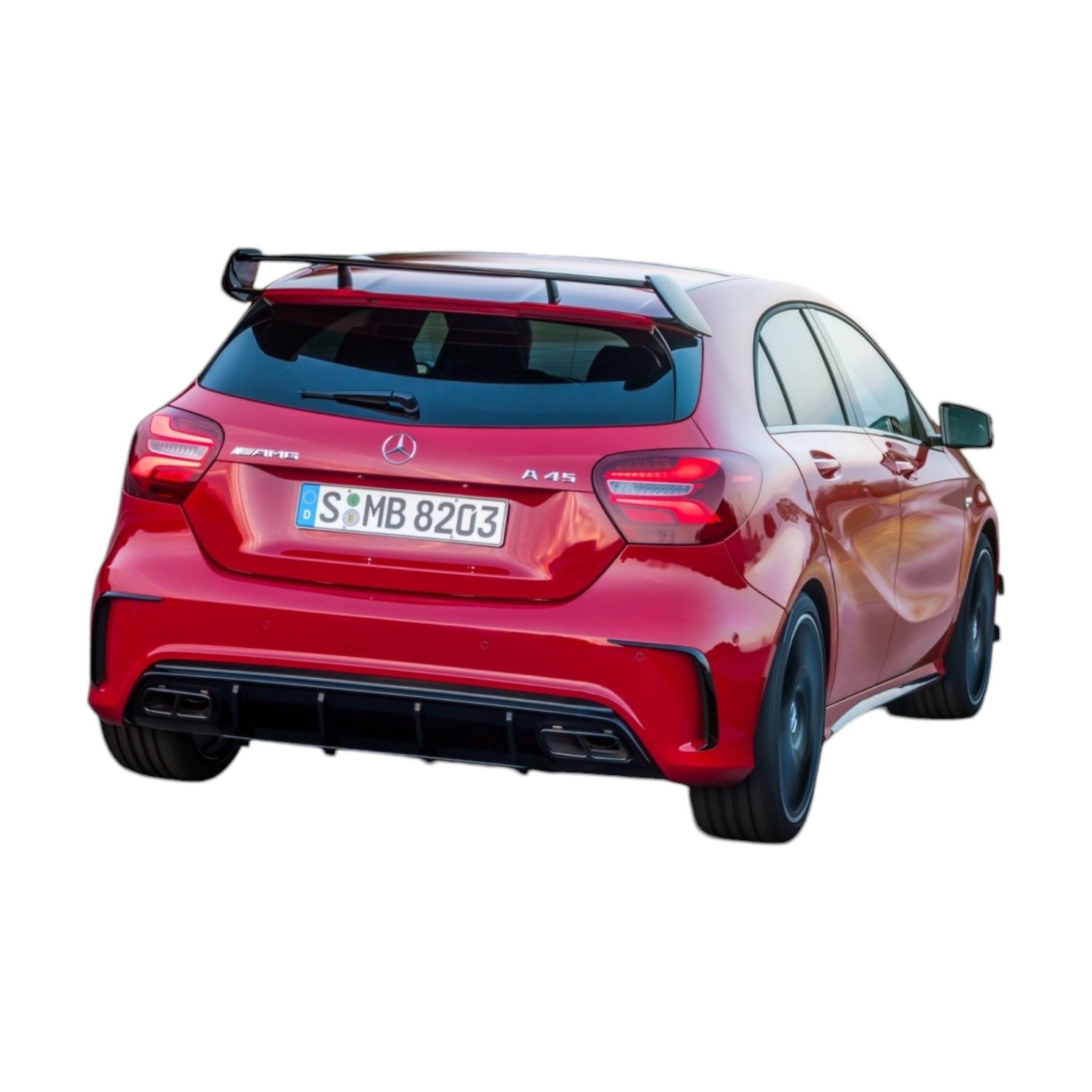 A45 AMG body kit for Mercedes-Benz A-Class W176 (2012-2018) from Custom Class, featuring front and rear bumpers, grille, side skirts, diffuser, and spoiler.