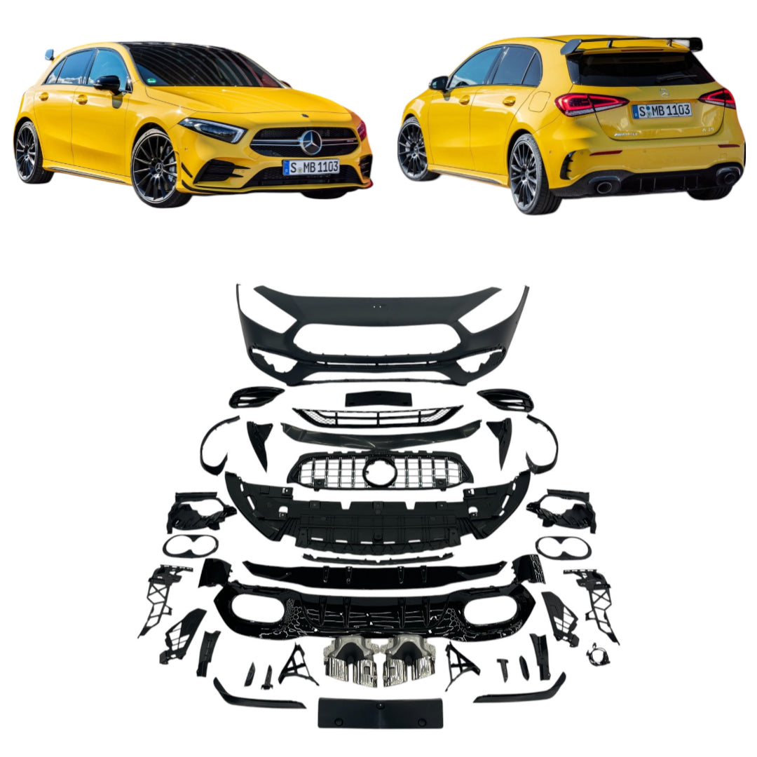 A45 AMG body kit for Mercedes-Benz A-Class W177 (2018+) from Custom Class, including front bumper, grille, rear diffuser, muffler tips, and spoiler.