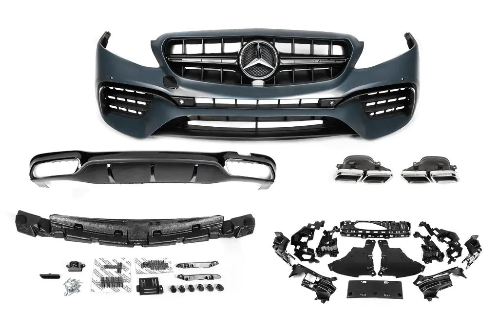 AMG E63 style bodykit for Mercedes E-Class W213 (2016+), complete with front bumper, diffuser, grille, exhaust tips, and mounting components.