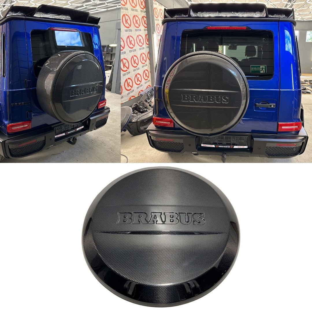 Brabus Carbon Spare Wheel Cover for Mercedes-Benz W463A, premium carbon fiber finish, available in glossy or matte