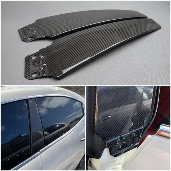 Carbon fiber door pillar cover trim for Maserati Quattroporte Ghibli 2013+ from Custom Class, crafted with high-gloss UV-resistant coating.