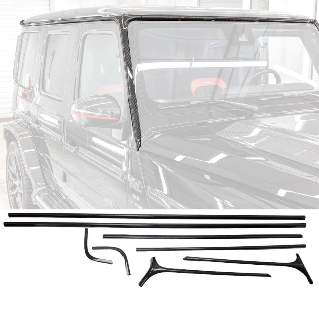 Carbon upper roof trim with A-pillars for Mercedes-Benz G-Class W465 2024+ from Custom Class, featuring premium carbon fiber and a high-gloss finish.