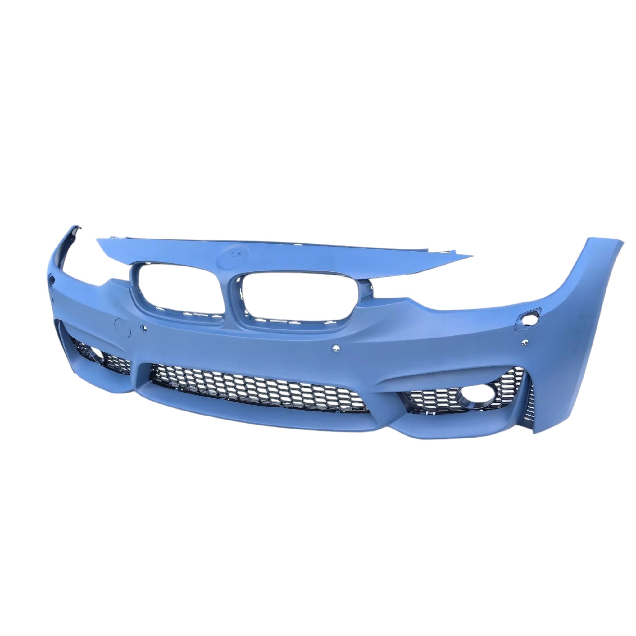 Unpainted M3 style front bumper with fog light openings for BMW F30/F31 from Custom Class, designed for a sporty upgrade.