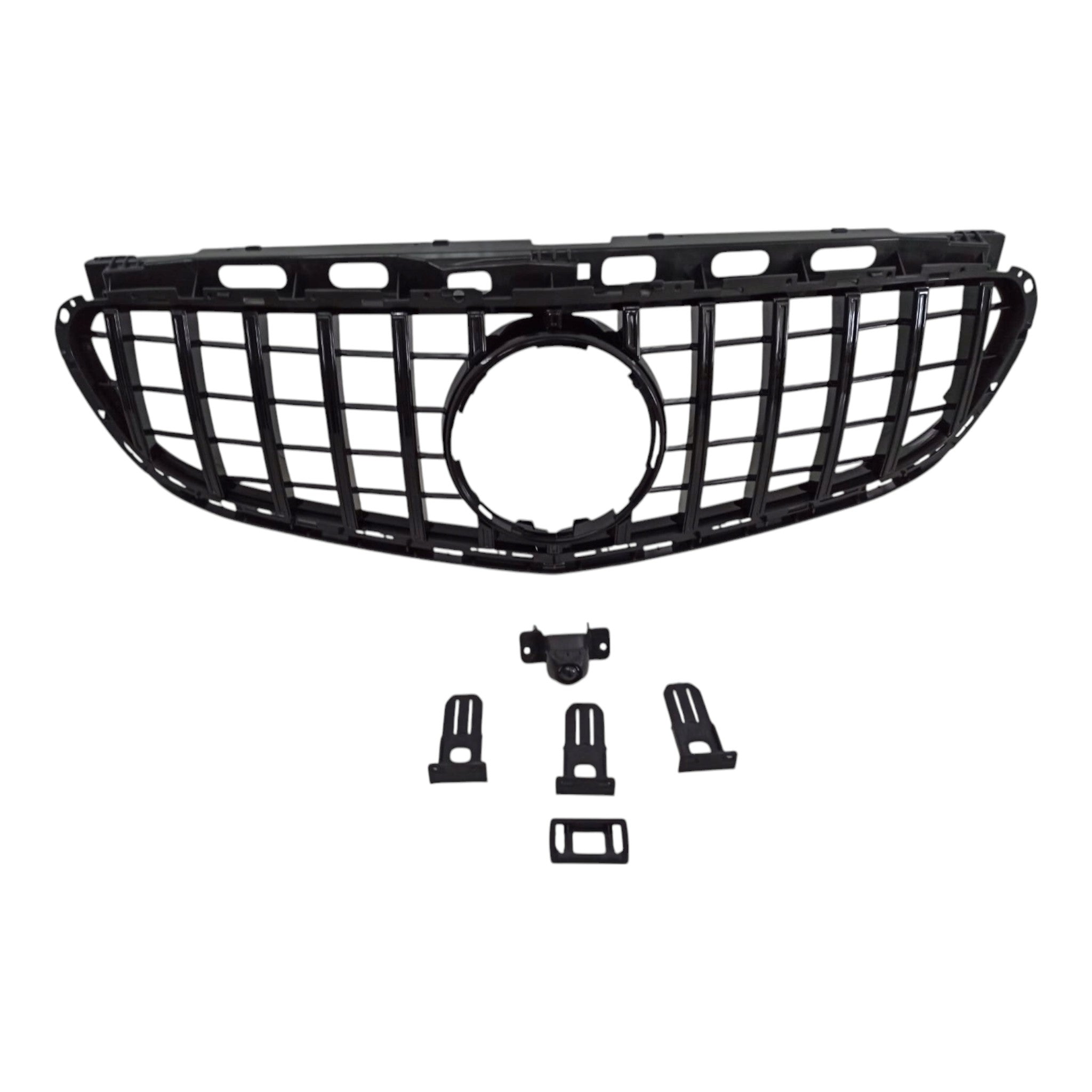 GT all-black front grill with camera compatibility for Mercedes E-Class W212 (2014-2016), premium Custom Class design.