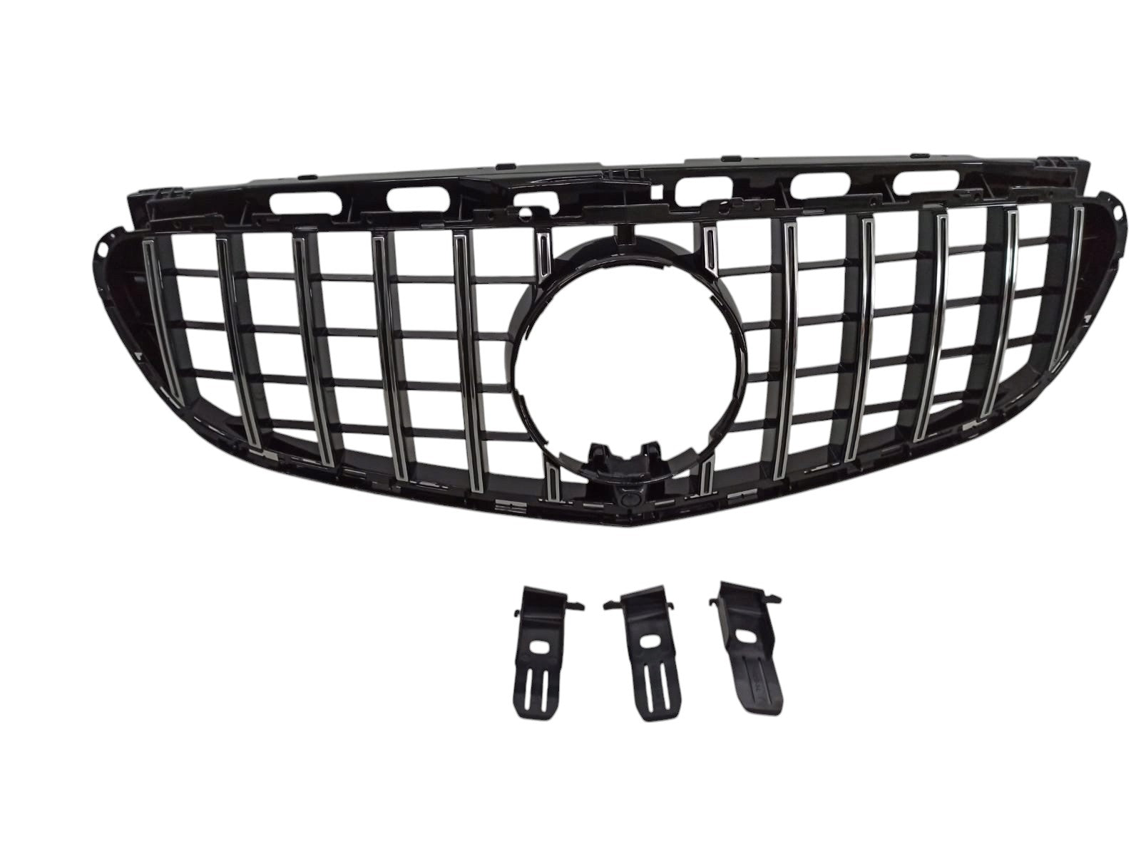 GT Chrome Black front grill with camera compatibility for Mercedes E-Class W212 (2014-2016) from Custom Class, offering modern and sporty styling.