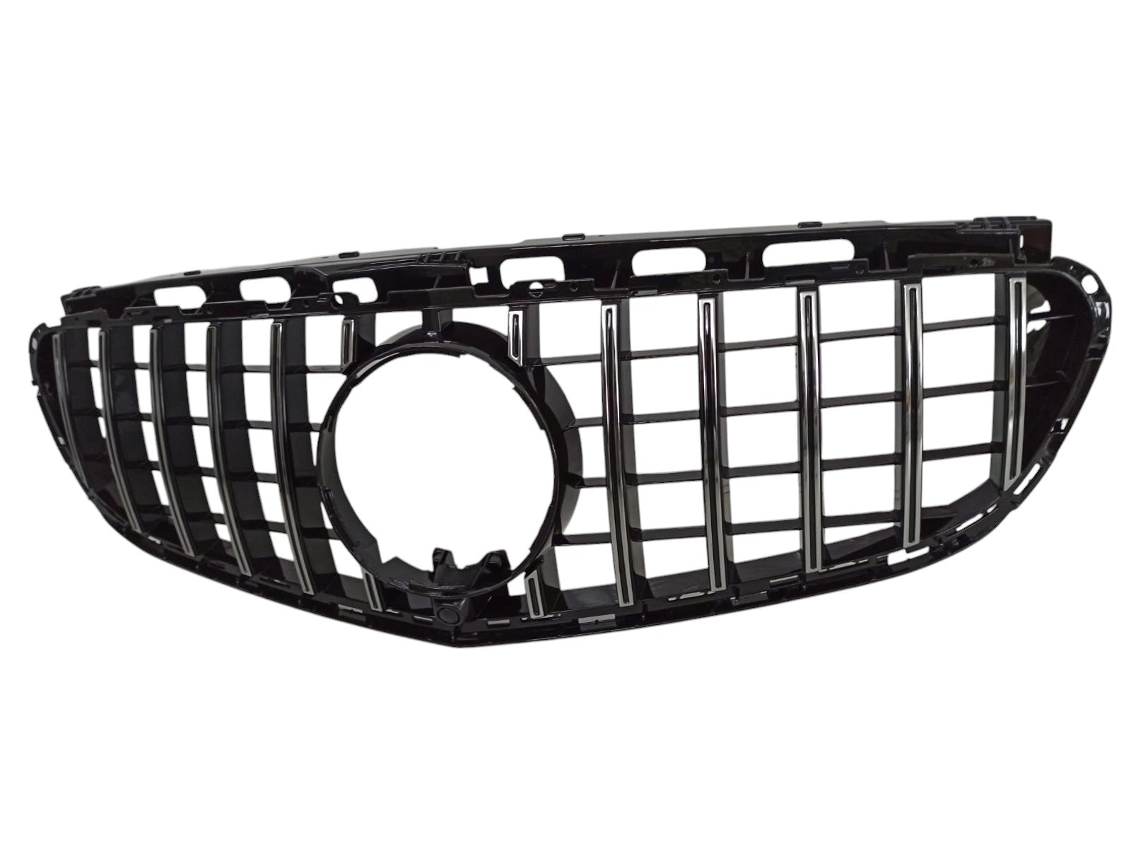 GT Chrome Black front grill with camera compatibility for Mercedes E-Class W212 (2014-2016) from Custom Class, offering modern and sporty styling.