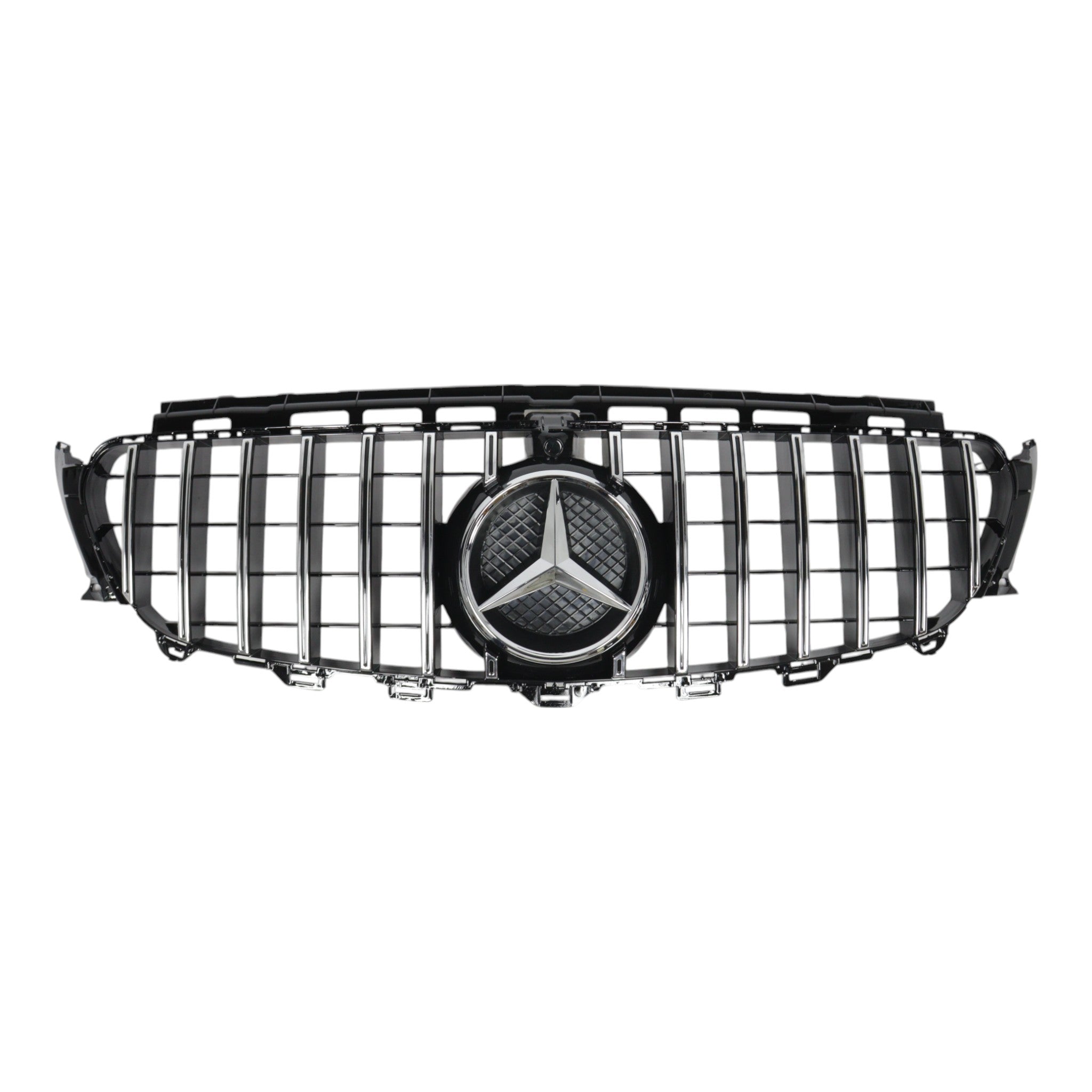 GT Chrome Black Front Grill with camera compatibility for Mercedes E-Class W213 (2016-2020), premium upgrade by Custom Class.