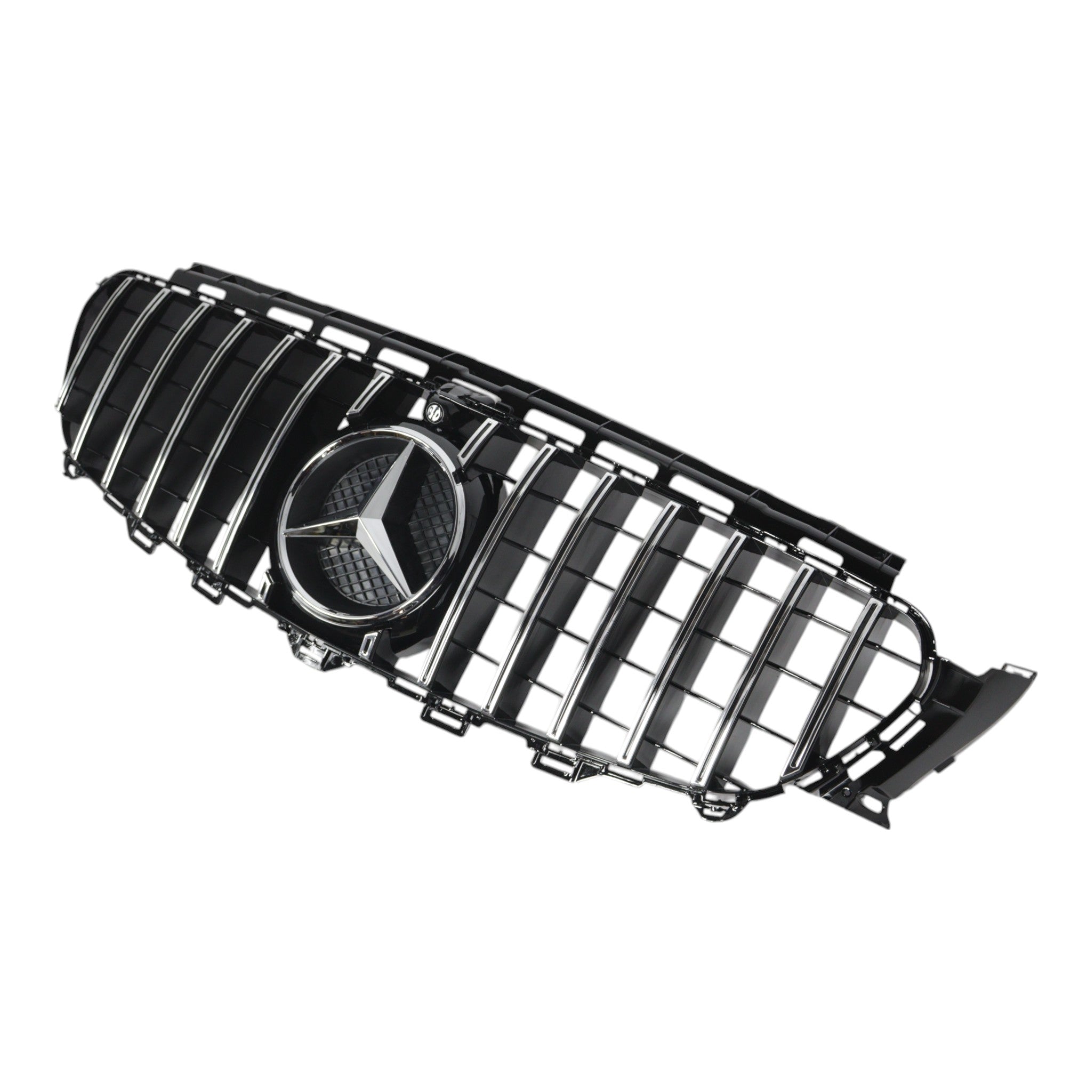 GT Chrome Black Front Grill with camera compatibility for Mercedes E-Class W213 (2016-2020), premium upgrade by Custom Class.