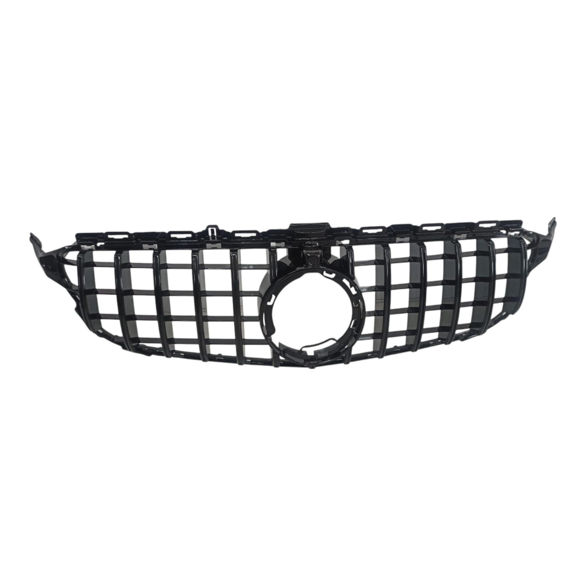 GT Black Panamericana Front Radiator Grille with camera opening for Mercedes C-Class W205 (2018-2021) by Custom Class, featuring sleek and sporty styling.