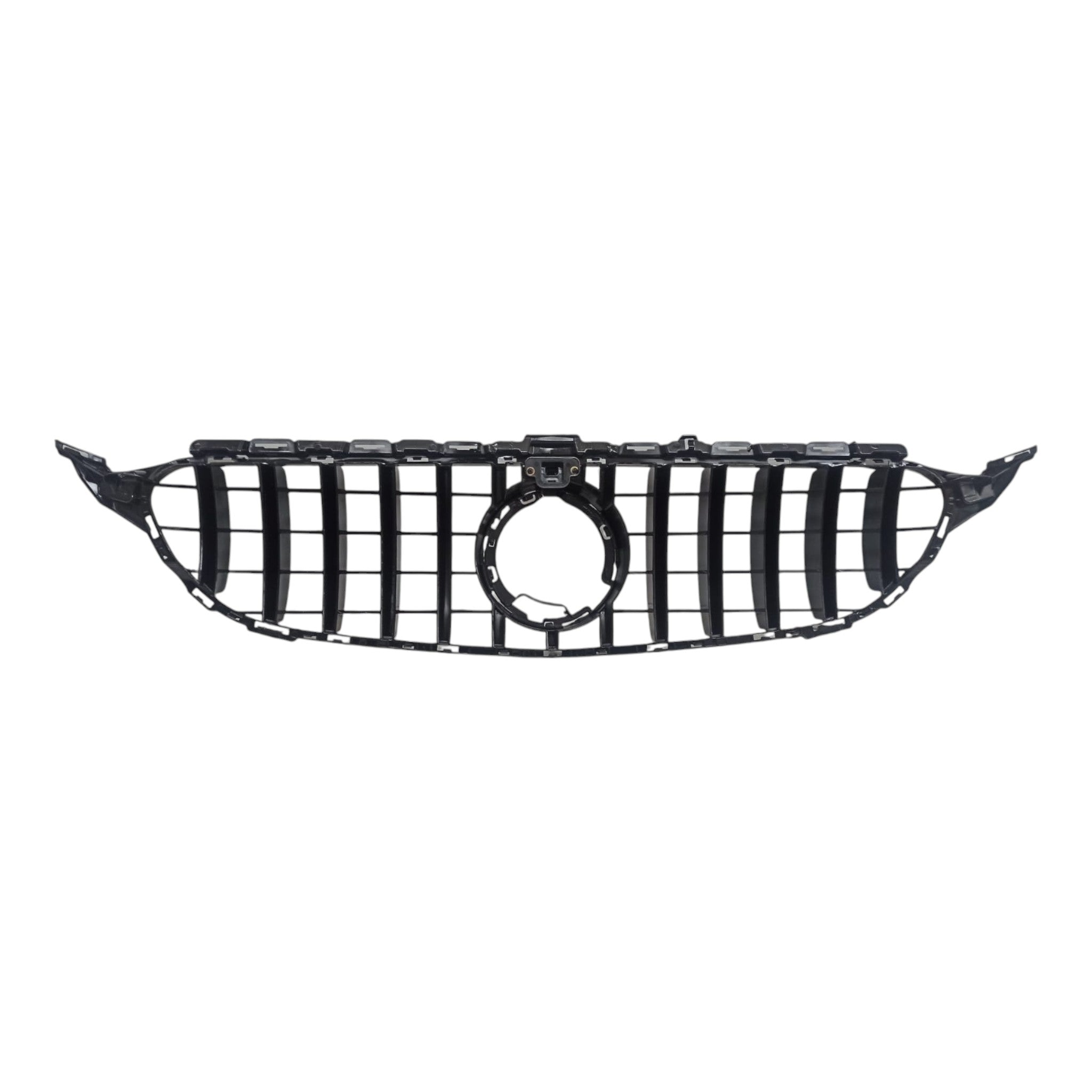 GT Black Panamericana Front Radiator Grille with camera opening for Mercedes C-Class W205 (2018-2021) by Custom Class, featuring sleek and sporty styling.