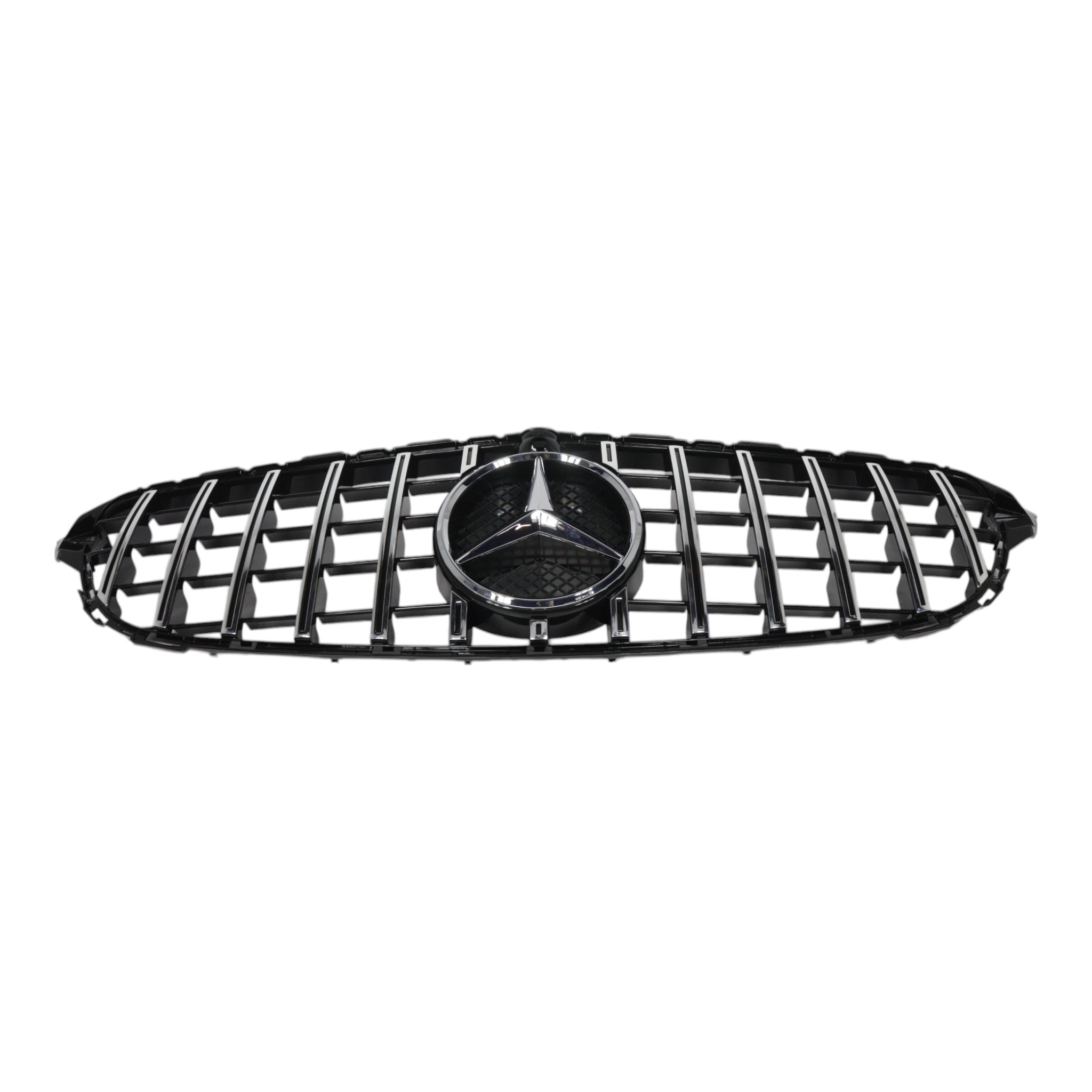 GT Chrome Black Panamericana Front Radiator Grille with camera opening for Mercedes C-Class W205 (2018-2021) by Custom Class, offering a bold and luxurious look.