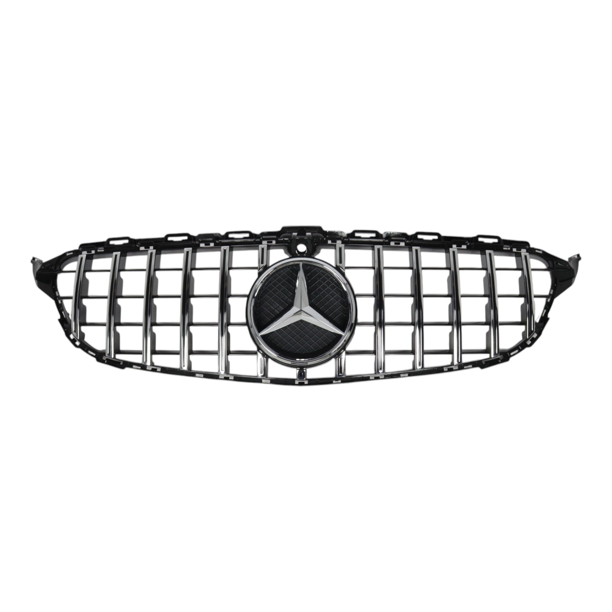 GT Chrome Black Panamericana Front Radiator Grille with camera opening for Mercedes C-Class W205 (2018-2021) by Custom Class, offering a bold and luxurious look.