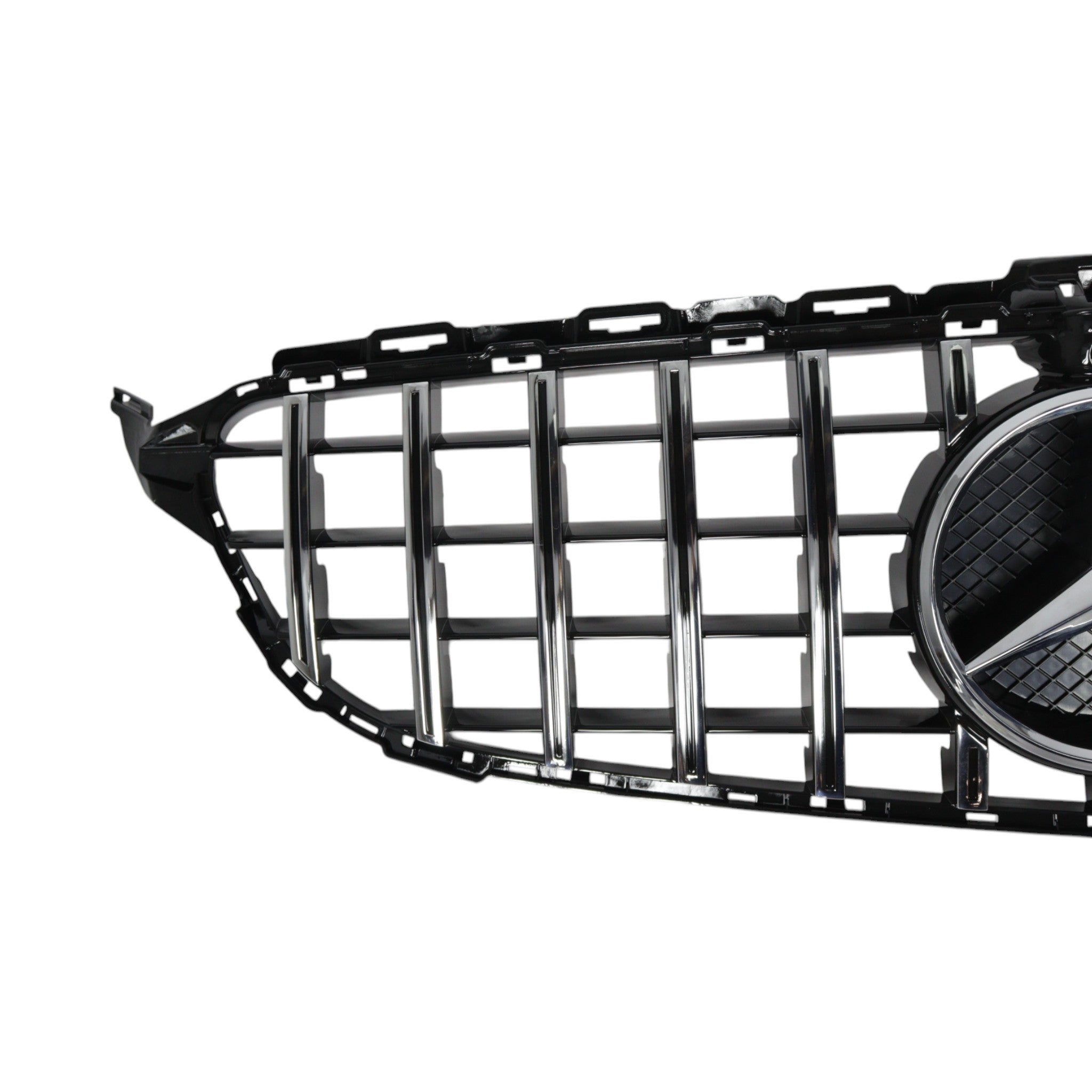 GT Chrome Black Panamericana Front Radiator Grille with camera opening for Mercedes C-Class W205 (2018-2021) by Custom Class, offering a bold and luxurious look.