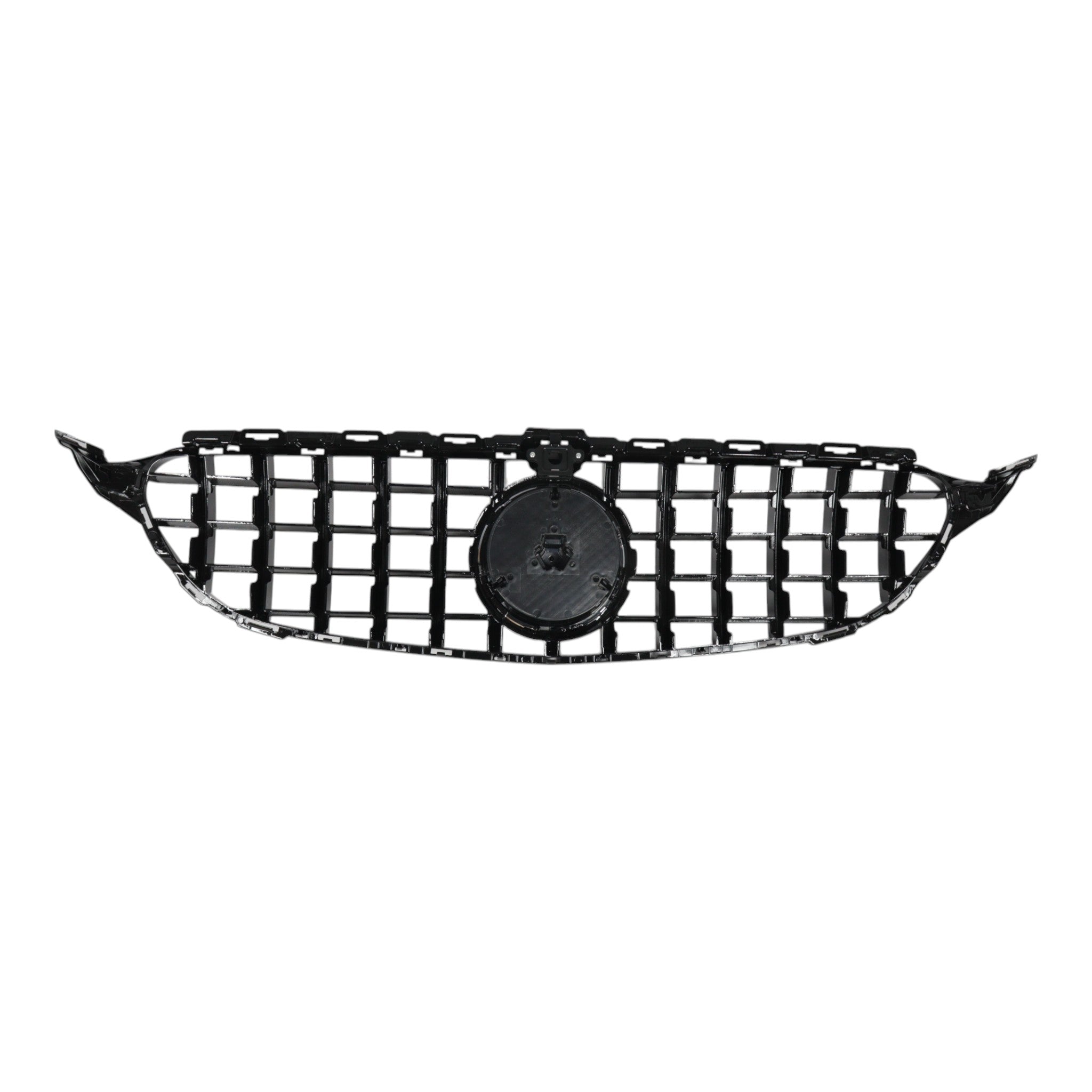 GT Chrome Black Panamericana Front Radiator Grille with camera opening for Mercedes C-Class W205 (2018-2021) by Custom Class, offering a bold and luxurious look.