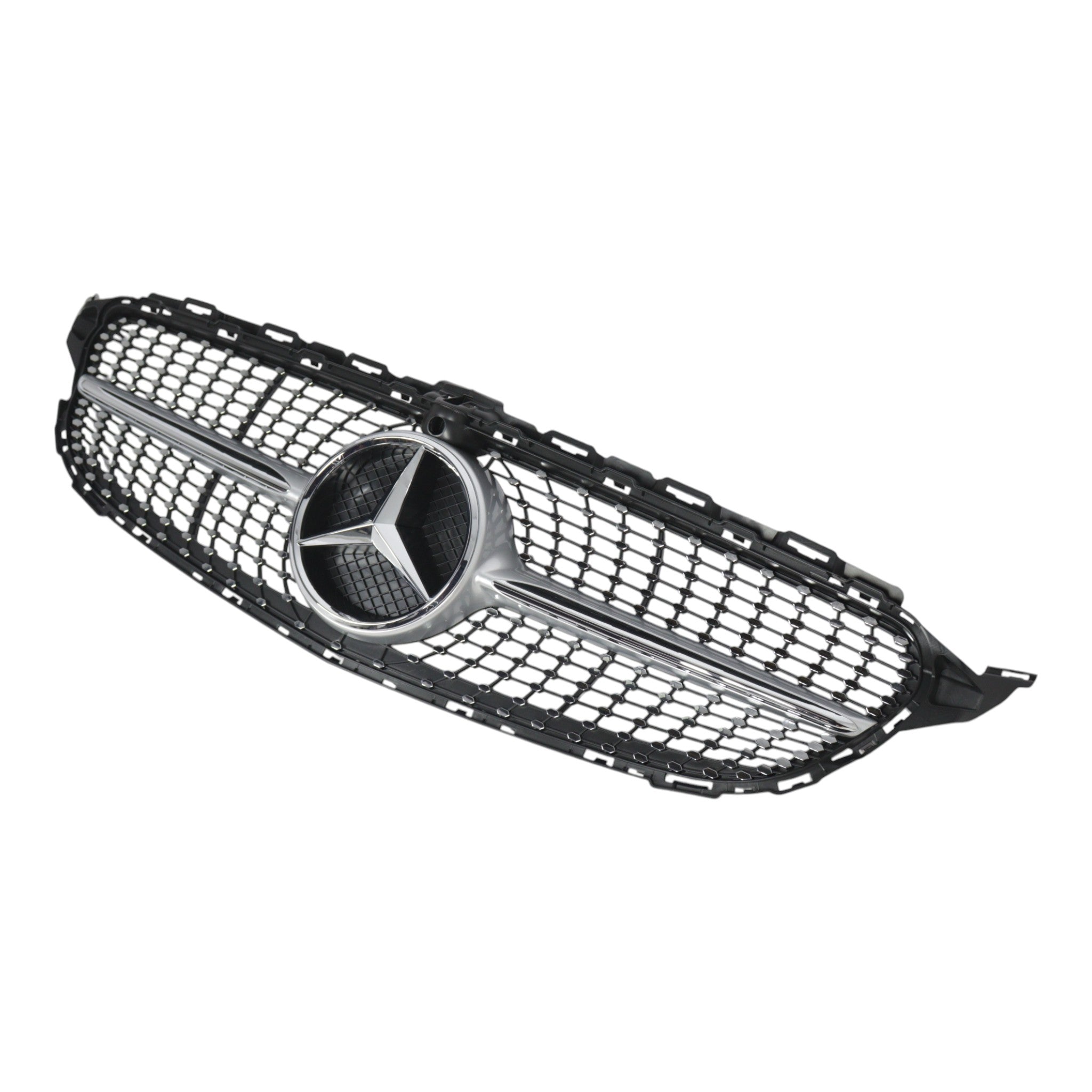 Diamond Silver Front Radiator Grille with camera opening for Mercedes C-Class W205 (2014–2018) from Custom Class, offering a stylish and functional upgrade.