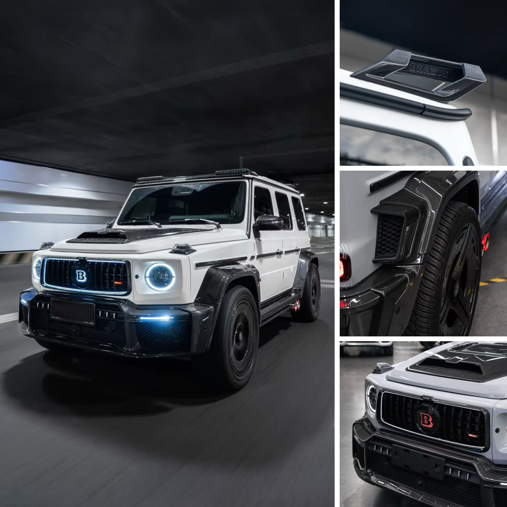 Product showcase collage of the Mercedes-Benz G-Class W465 Brabus Rocket 900 carbon fiber conversion kit featuring dynamic action shots and component close-ups.