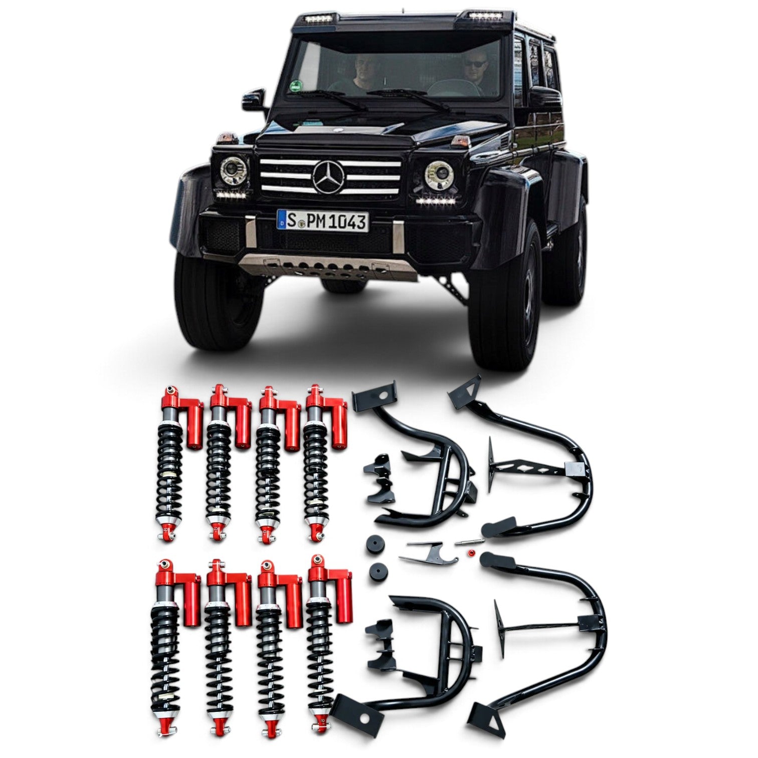 Complete Custom Class dual shock absorber conversion kit with red remote reservoir coilovers and frame brackets for Mercedes G-Class W463.