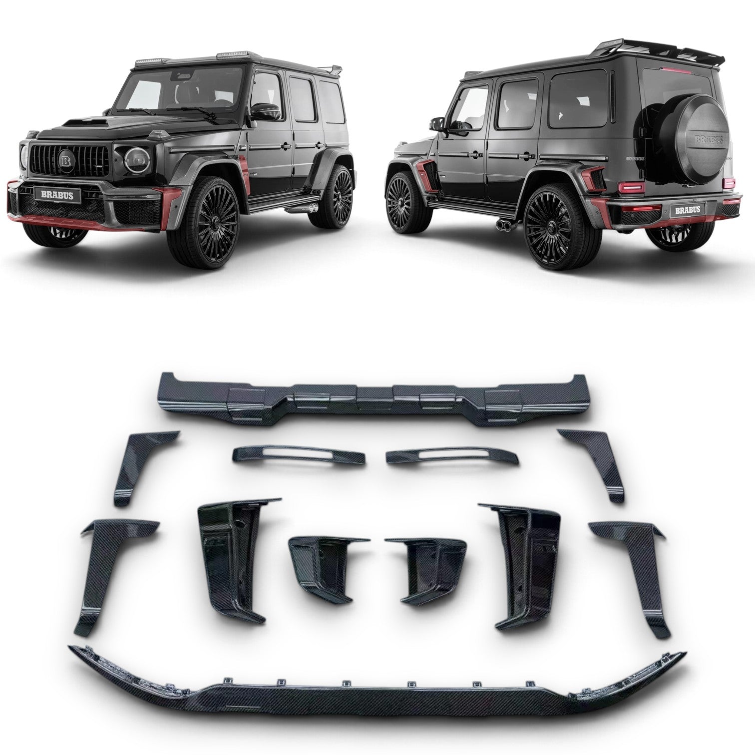 Full set of Custom Class Widestar-style carbon fiber bumper inserts for Mercedes-Benz G-Class W465 G63 AMG.