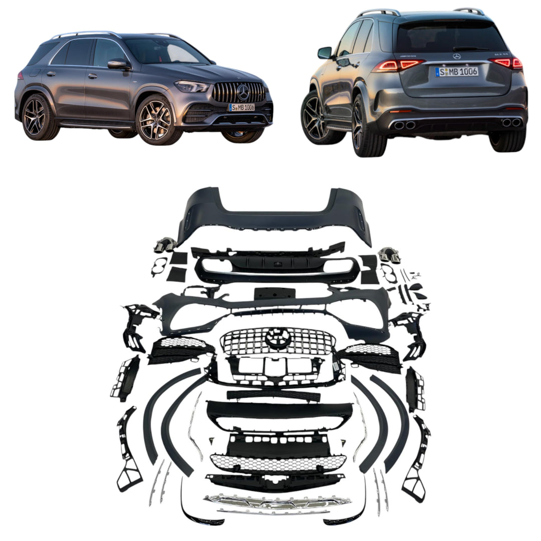 GLE 53 AMG body kit for Mercedes GLE-Class W167 (2018-2023), includes front and rear bumpers, AMG grille, fender flares, rear diffuser, and exhaust tips.