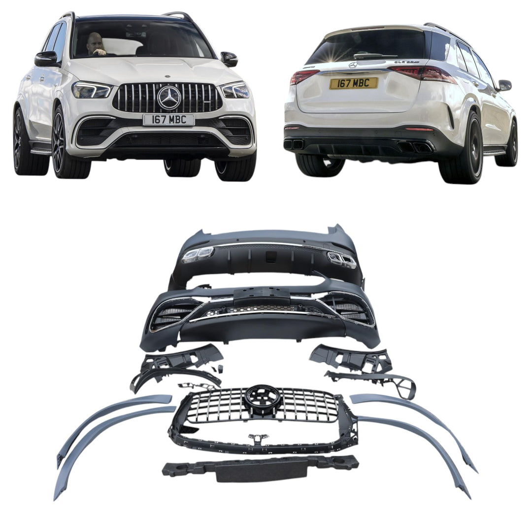 GLE 63 AMG body kit for Mercedes GLE-Class W167 (2018-2023), includes front and rear bumpers, AMG grille, fender flares, rear diffuser, and exhaust tips.