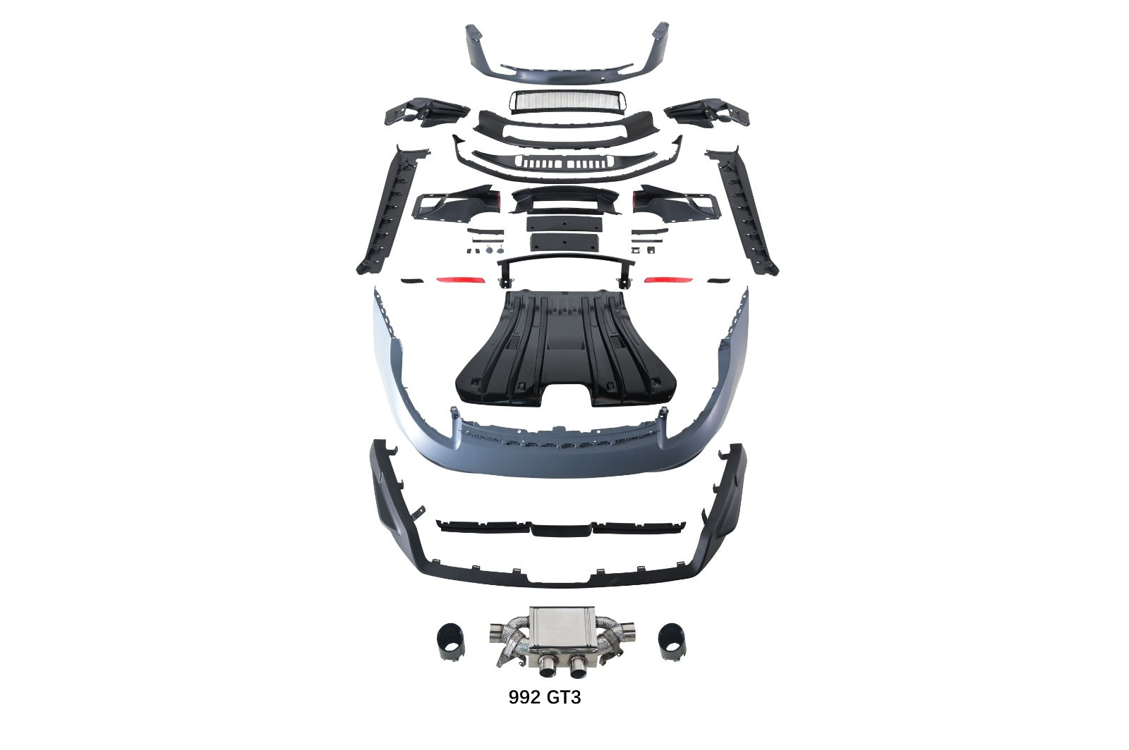 Complete GT3 body kit components for Porsche 911 992 exploded view with all parts and exhaust