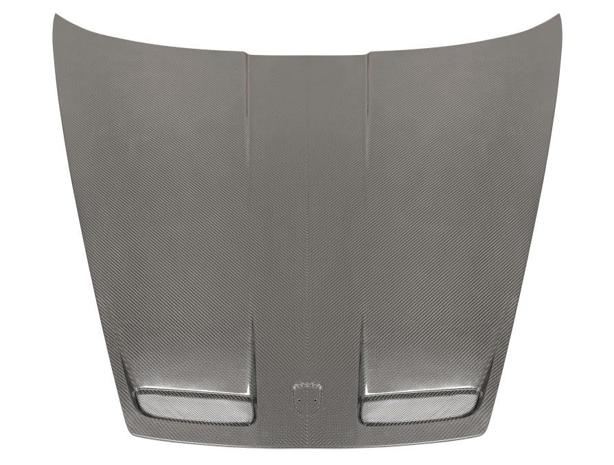 GT3 carbon fiber hood for Porsche 911 992 top view showing carbon weave and air vent details
