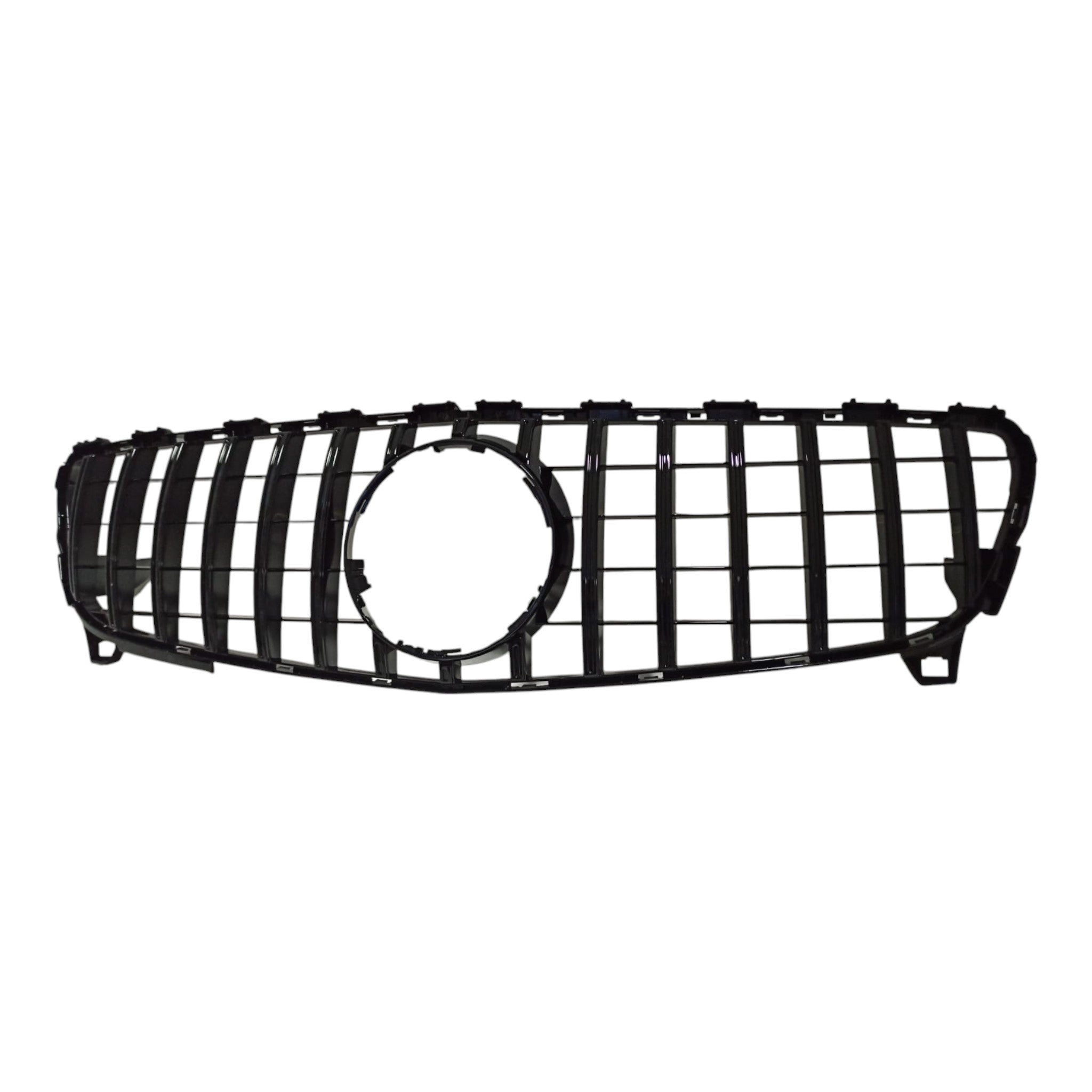 GT black Panamericana front radiator grille for Mercedes W176 (2015-2018) from Custom Class, with aggressive styling and precision fitment.