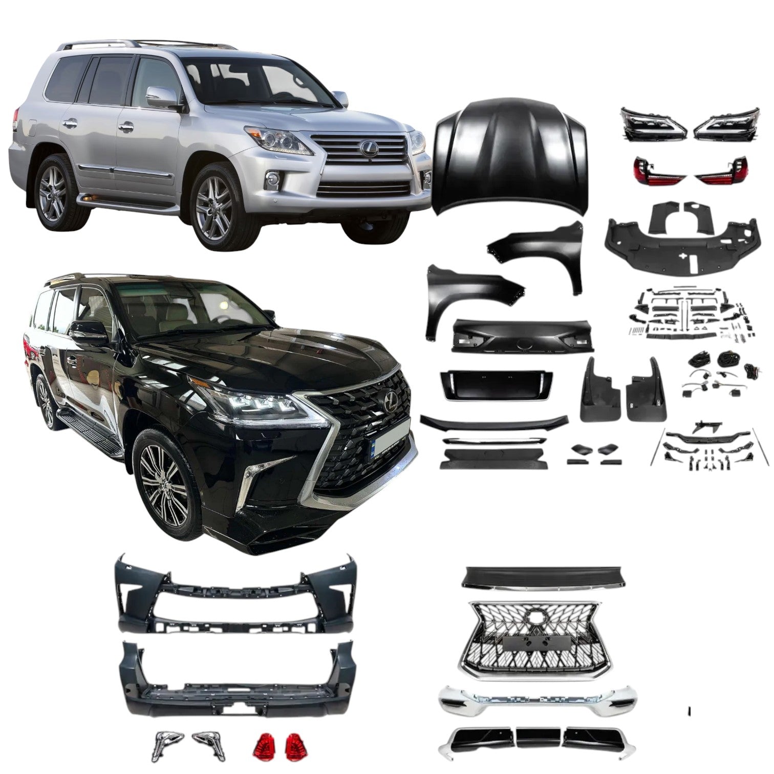 Complete Custom Class Lexus LX570 TRD Superior facelift conversion kit layout including bumpers hood fenders and LED lights