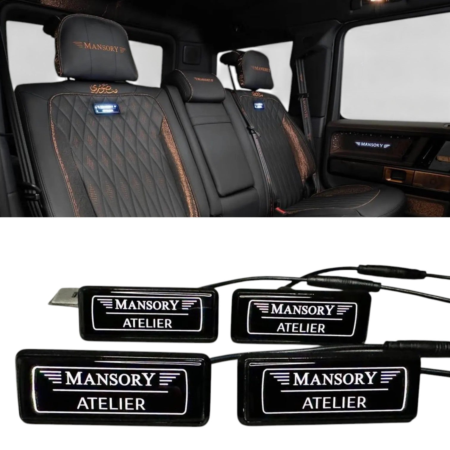 Set of four metal LED illuminated Mansory Atelier style seat badges for luxury car interiors