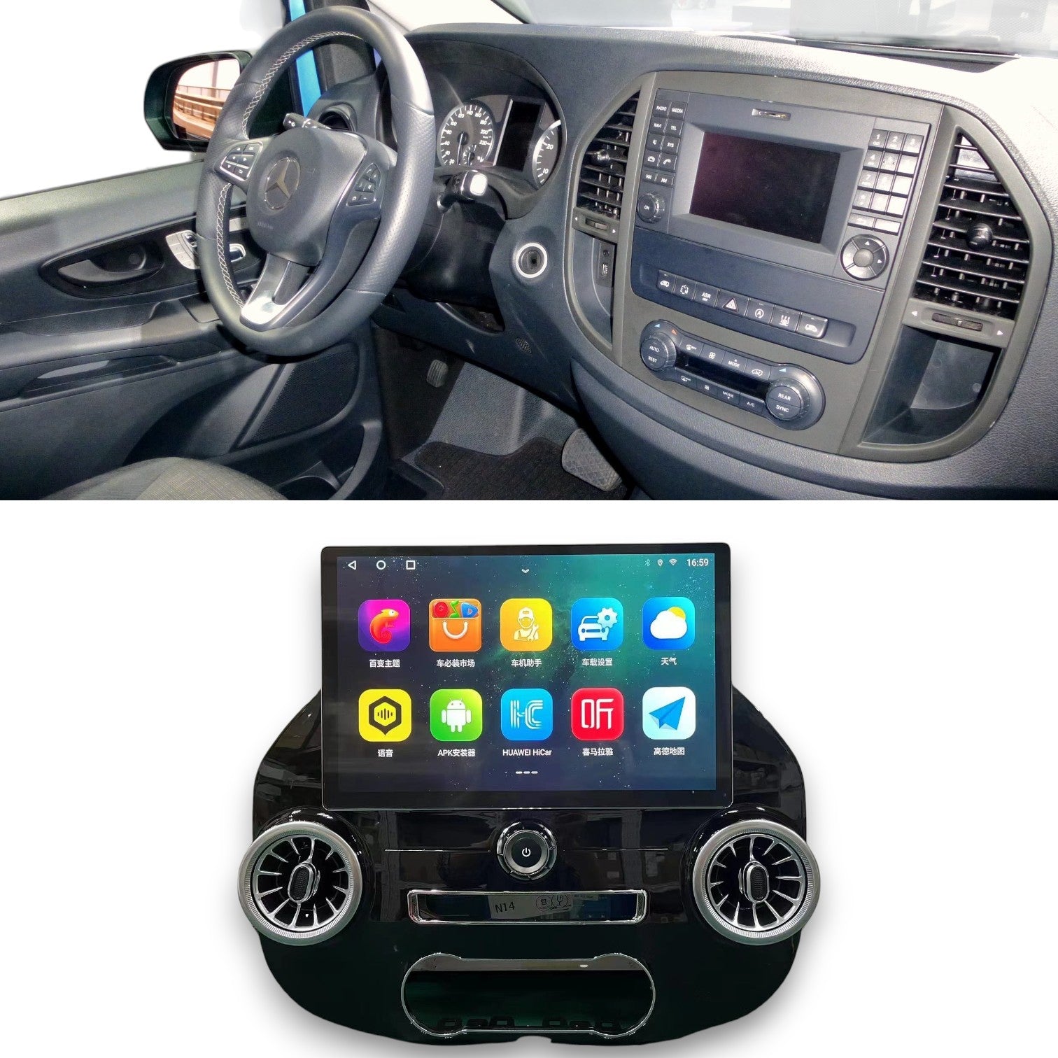 Mercedes Vito and V-Class W447 Android head unit with 1280x720 IPS display and dash shroud