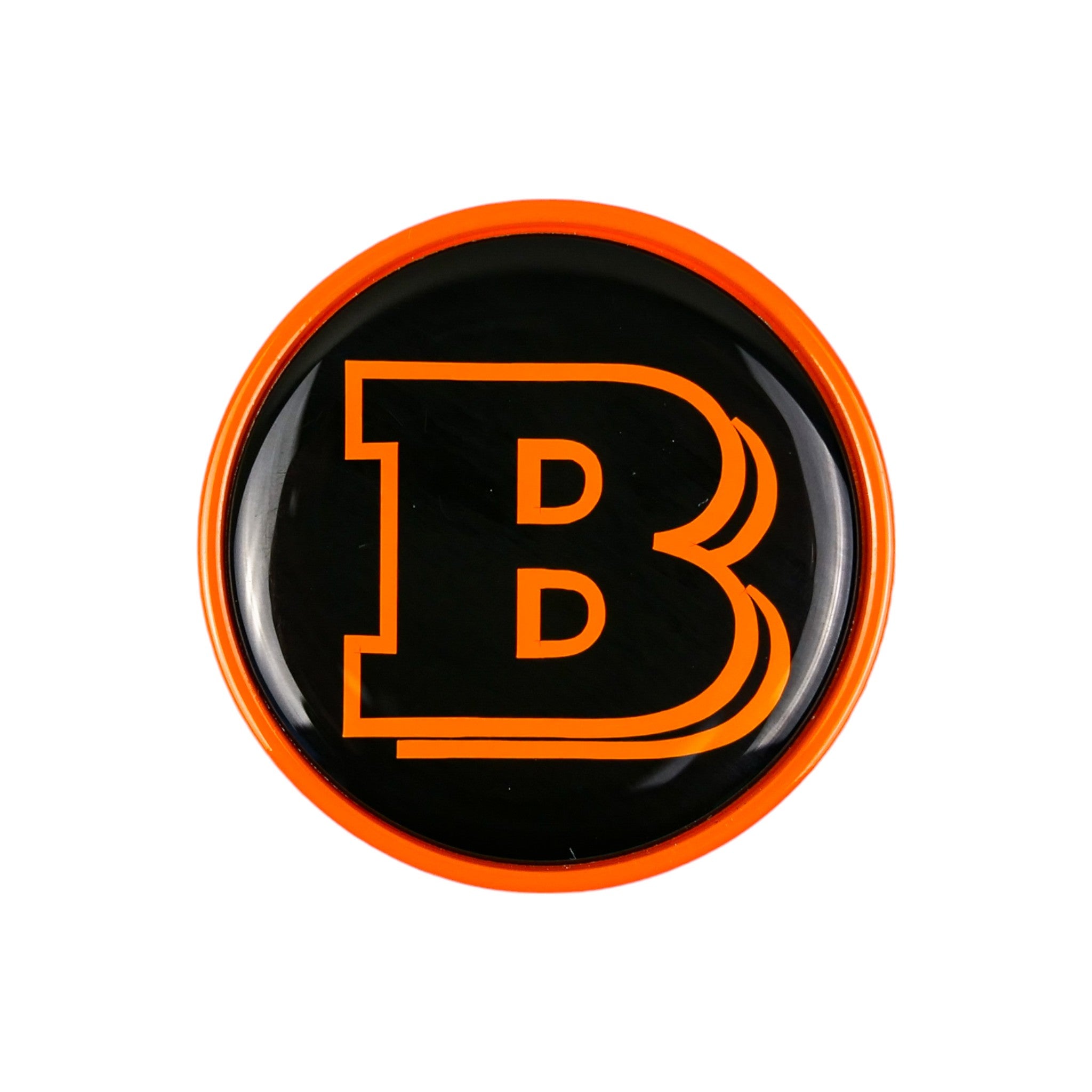 Metal orange Brabus badge logo emblem 55mm for hood scoop of Mercedes G-Class W463, W463A from Custom Class, featuring a two-component metal design with orange and black accents.