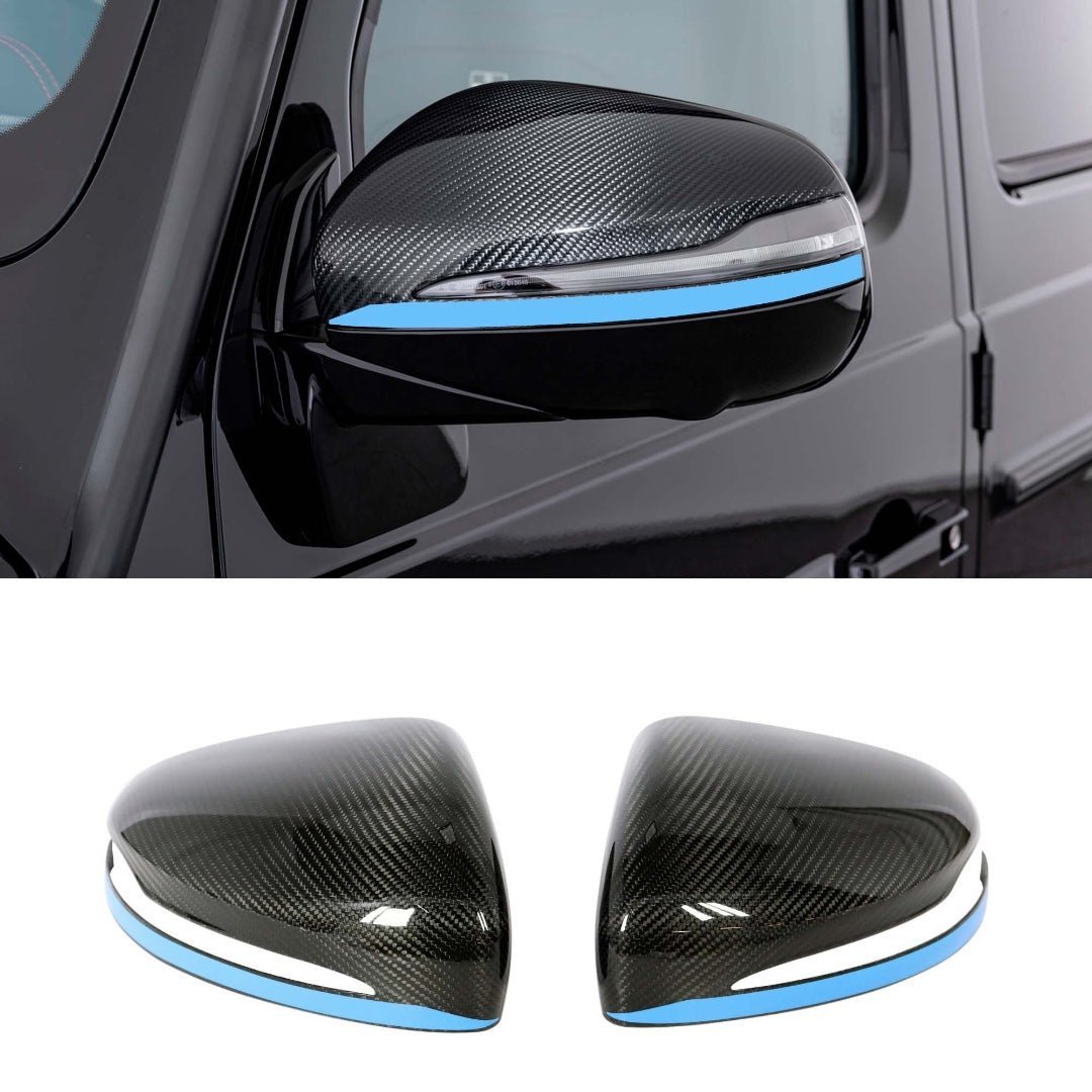 Carbon Mirror Covers with Blue Stripe for Mercedes-Benz G-Class W463A, high-gloss or matte finish, installs over factory mirrors for a premium and customized look.