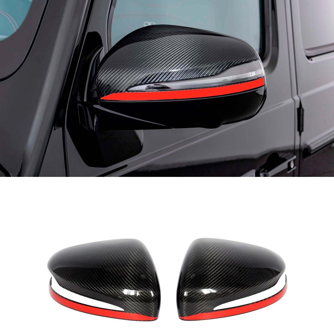 Carbon Mirror Covers with Red Stripe for Mercedes-Benz G-Class W463A, high-gloss or matte finish, installs over factory mirrors for a premium custom look.