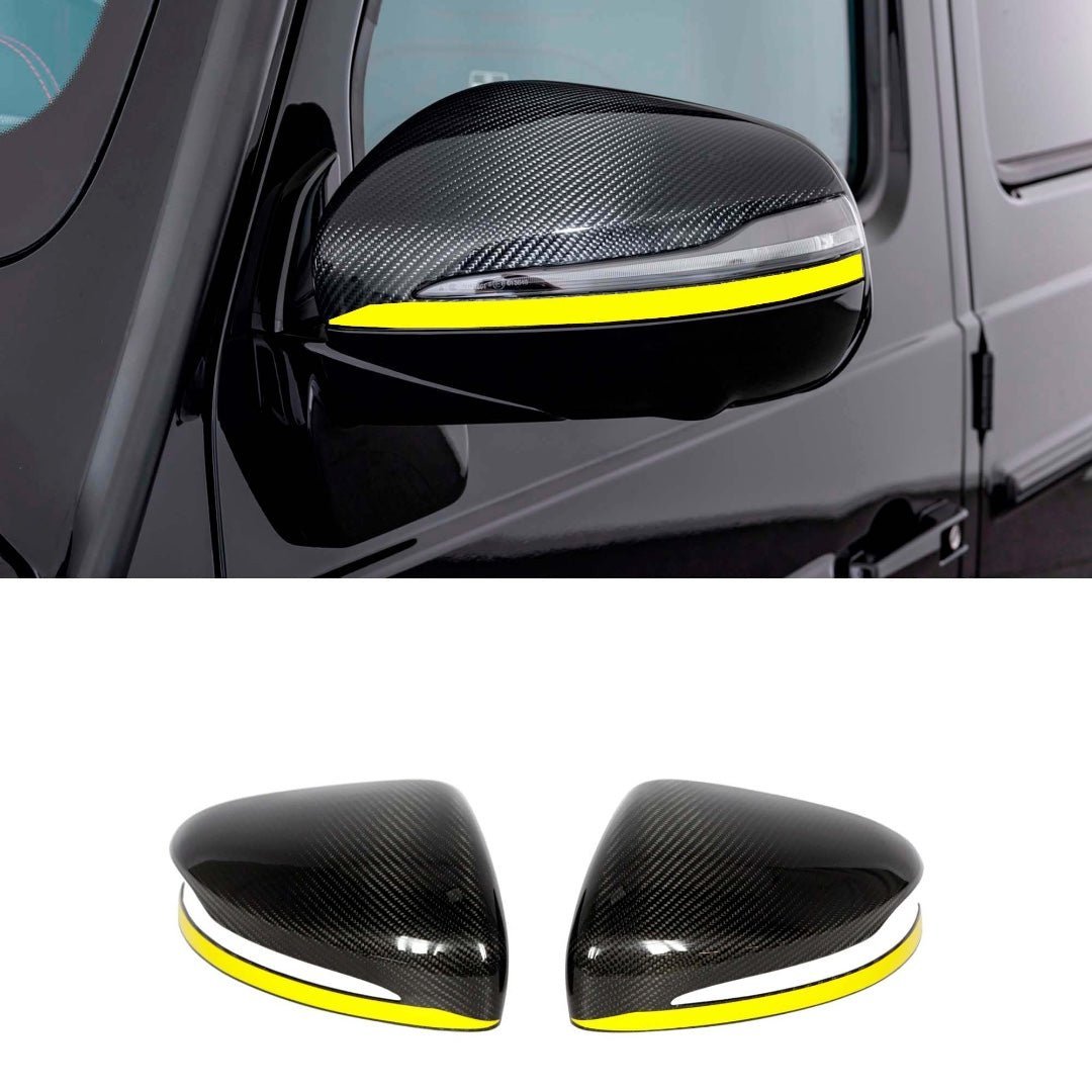 Carbon Mirror Covers with Yellow Stripe for Mercedes-Benz G-Class W463A, high-gloss or matte finish, installs over factory mirrors for a custom look.