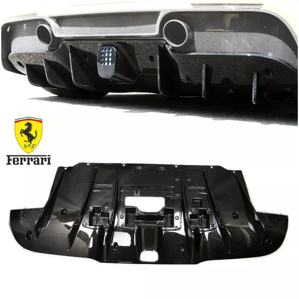 Rear bumper carbon diffuser for Ferrari 488 GTB 2015-2017, made from genuine carbon fiber with high-gloss UV protective varnish.