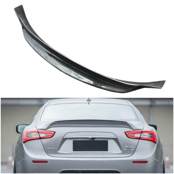 Rear trunk carbon spoiler for Maserati Quattroporte Ghibli 2013+ from Custom Class, made of genuine carbon fiber with a high-gloss UV-resistant coating.