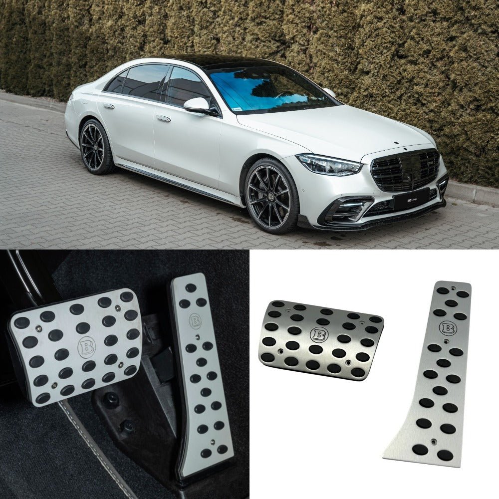 Aluminum GREY Brabus Pads Pedal Kit for Mercedes-Benz S-Class W223 AMG from Custom Class, made of high-quality aluminum alloy and rubber.