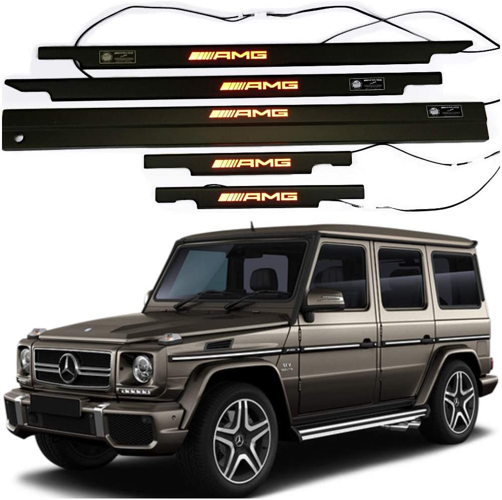 AMG LED Illuminated Door Sills 4 or 5 pcs for Mercedes-Benz W463 from Custom Class, featuring aluminum construction with white LED illumination.