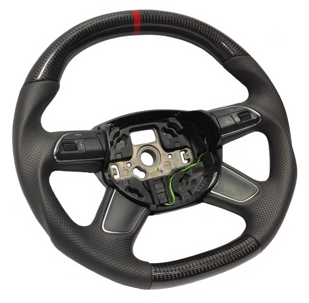 OEM remanufactured Audi A4 B8 Q5 Q7 steering wheel with carbon fiber, perforated black leather, flat bottom, and red 12 o'clock stripe from Custom Class.