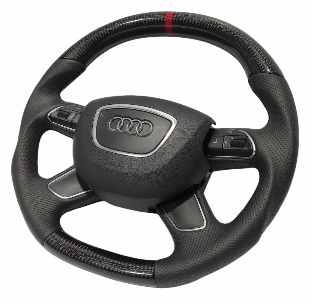 OEM remanufactured Audi A4 B8 Q5 Q7 steering wheel with carbon fiber, perforated black leather, flat bottom, and red 12 o'clock stripe from Custom Class.