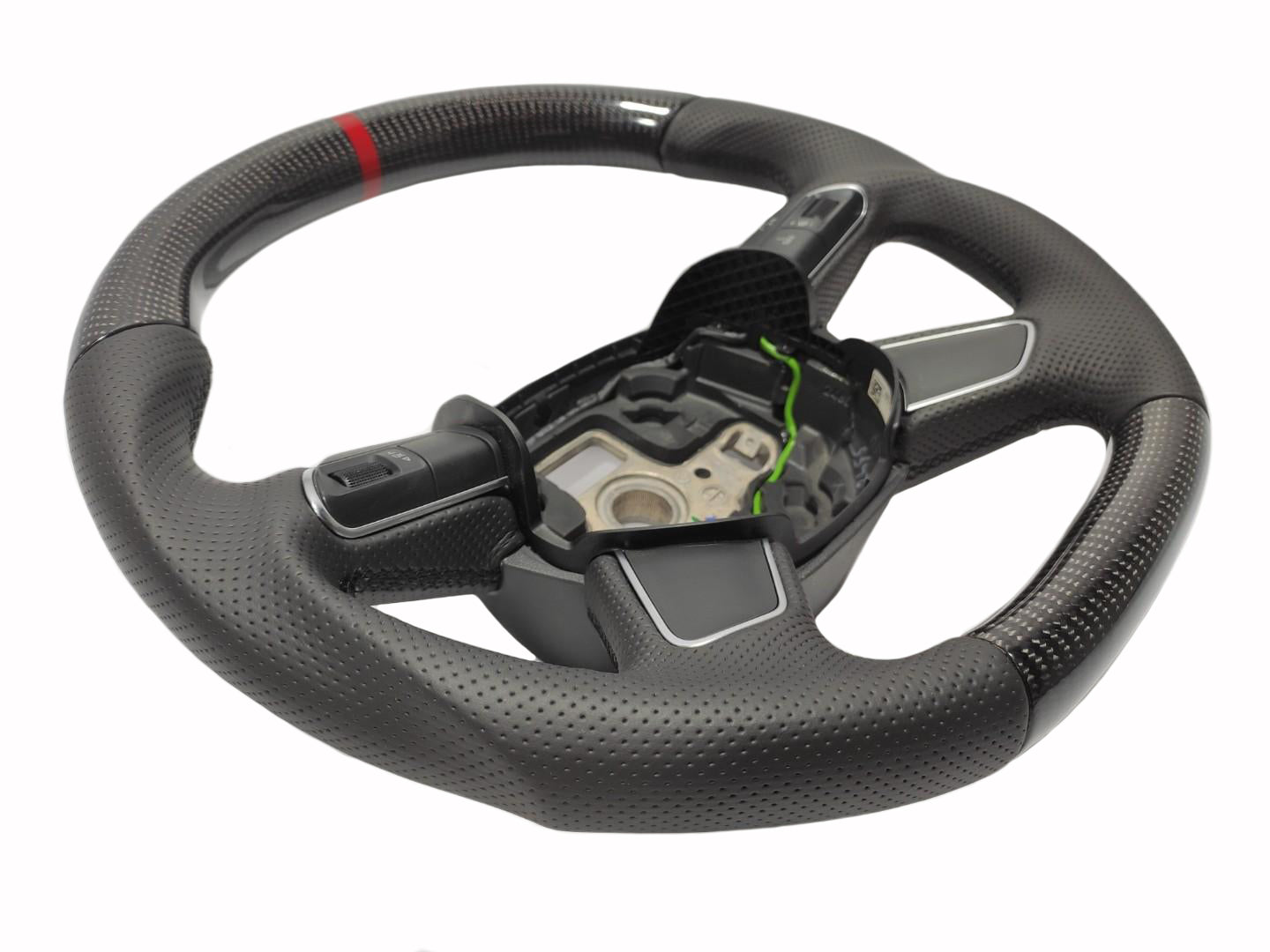 OEM remanufactured Audi A4 B8 Q5 Q7 steering wheel with carbon fiber, perforated black leather, flat bottom, and red 12 o'clock stripe from Custom Class.