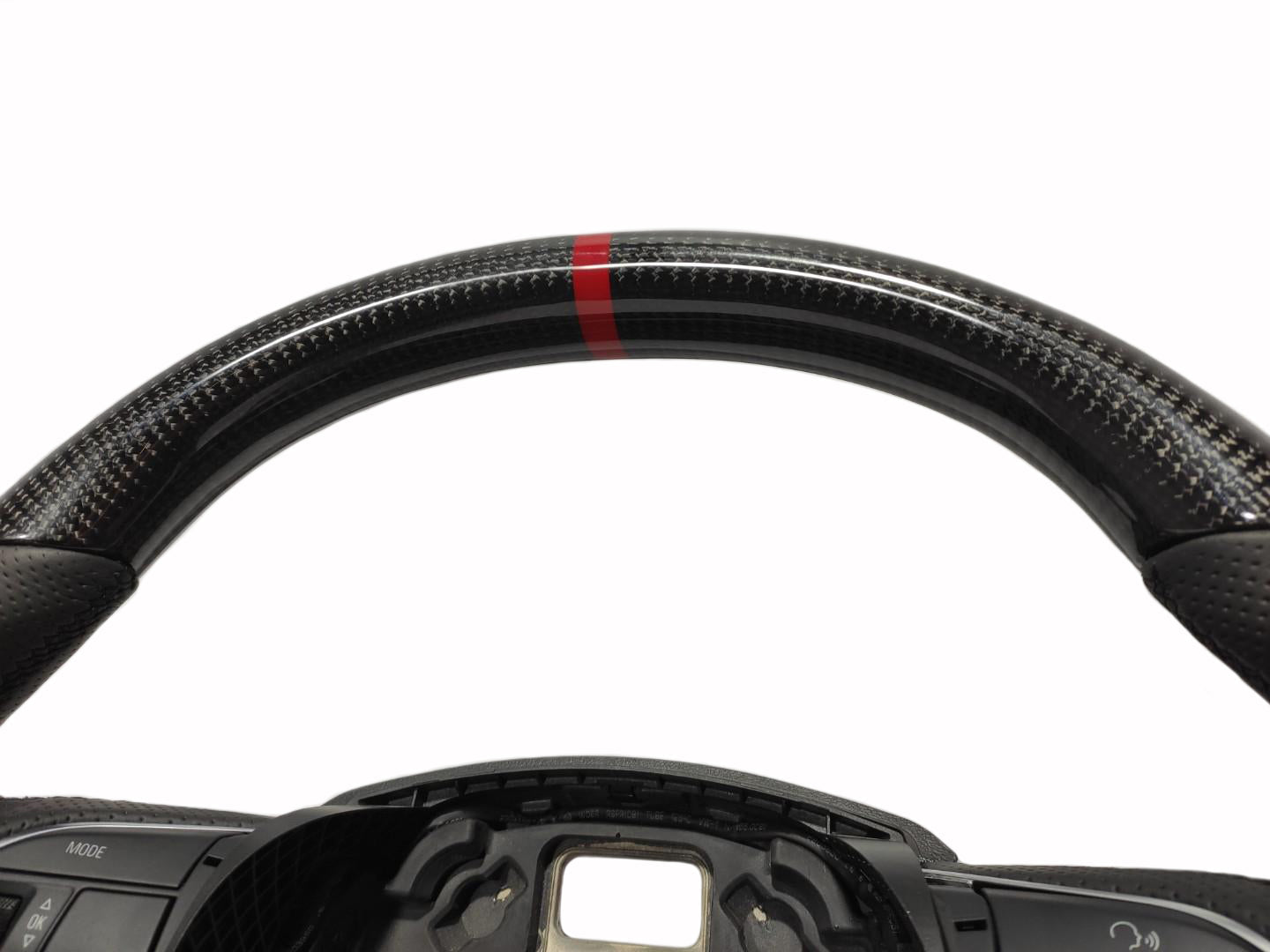 OEM remanufactured Audi A4 B8 Q5 Q7 steering wheel with carbon fiber, perforated black leather, flat bottom, and red 12 o'clock stripe from Custom Class.