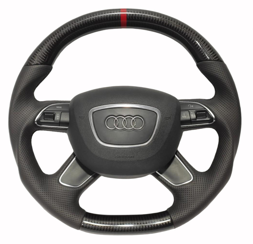 OEM remanufactured Audi A4 B8 Q5 Q7 steering wheel with carbon fiber, perforated black leather, flat bottom, and red 12 o'clock stripe from Custom Class.