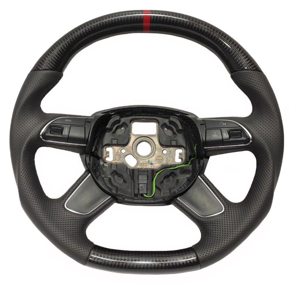 OEM remanufactured Audi A4 B8 Q5 Q7 steering wheel with carbon fiber, perforated black leather, flat bottom, and red 12 o'clock stripe from Custom Class.