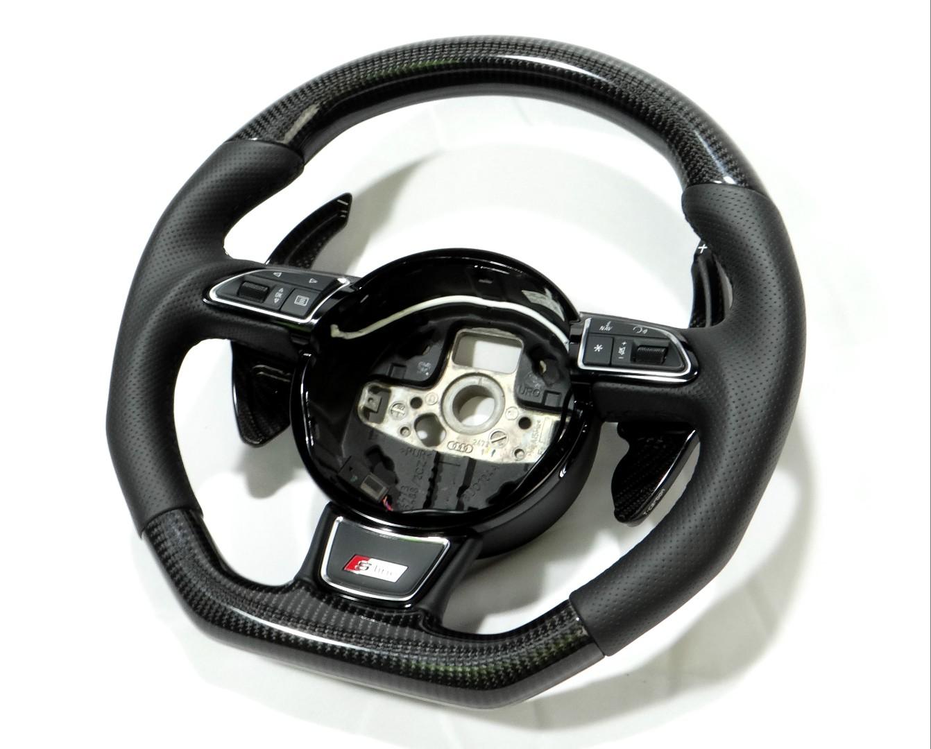 OEM remanufactured Audi A4 S4 A5 S5 Q5 SQ5 Q7 RS5 RS6 steering wheel with carbon fiber, perforated black leather, flat bottom, and carbon paddle shifts from Custom Class.