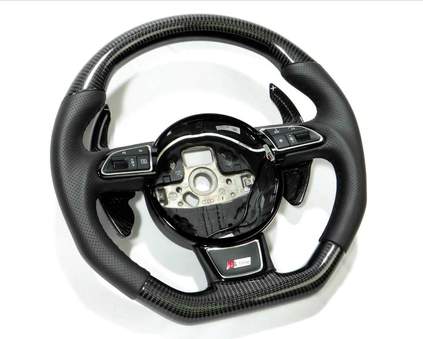 OEM remanufactured Audi A4 S4 A5 S5 Q5 SQ5 Q7 RS5 RS6 steering wheel with carbon fiber, perforated black leather, flat bottom, and carbon paddle shifts from Custom Class.